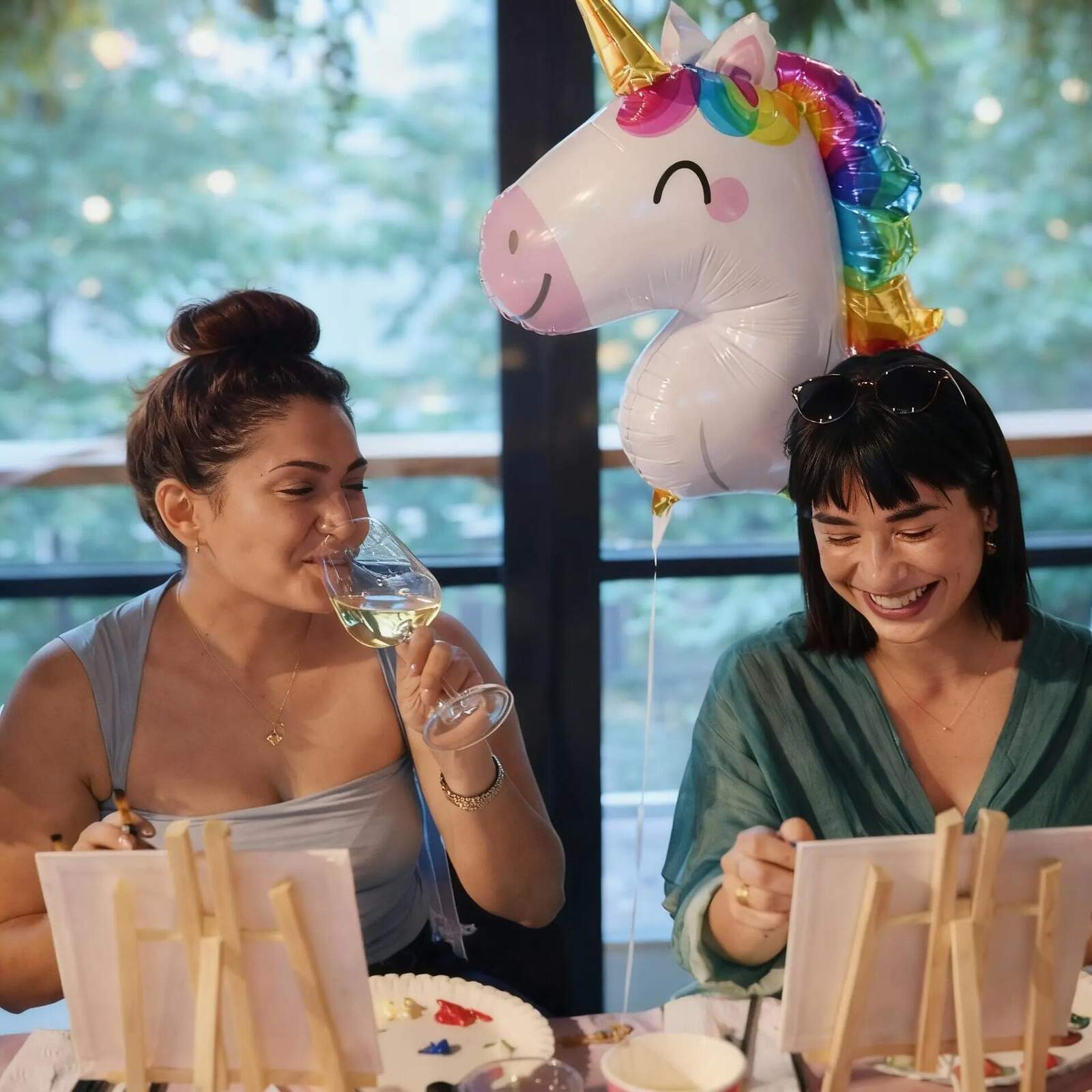 Twee vrouwen genieten van wijn tijdens een paint and sip avond